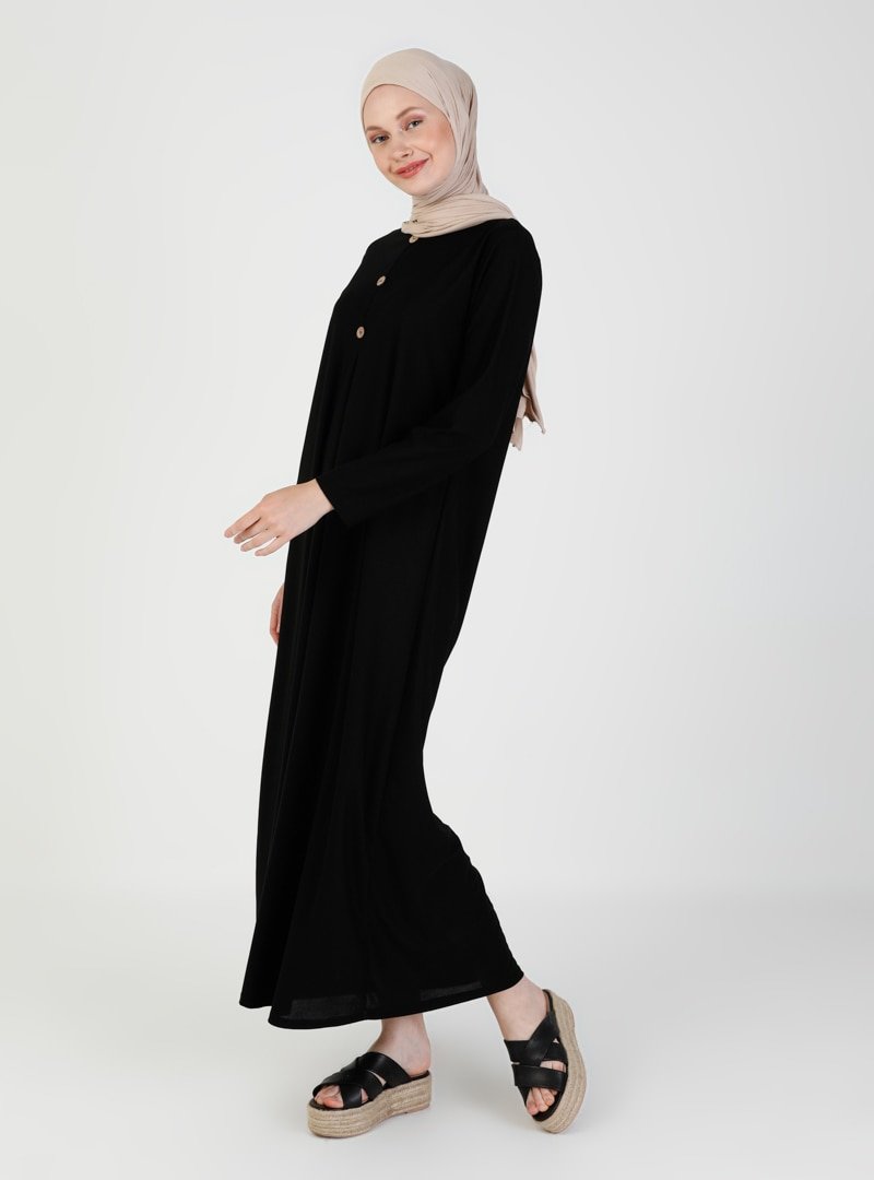 ENSANUR MODA Siyah Düğme Detaylı Elbise