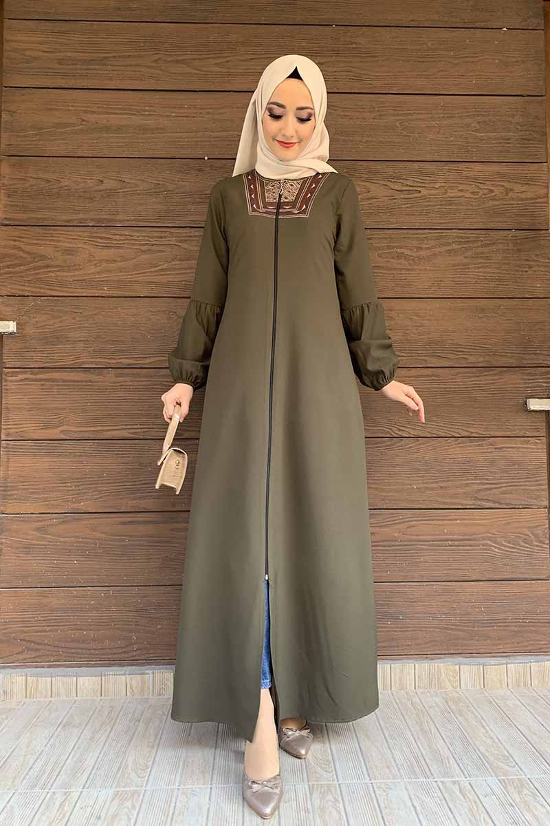 MODAPİNHAN Haki Fermuarlı Nakışlı Ferace