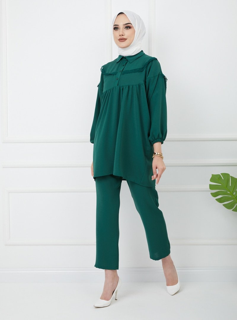 Olcay Yeşil Robası Dantel Detaylı Pantolon&Tunik İkili Takım