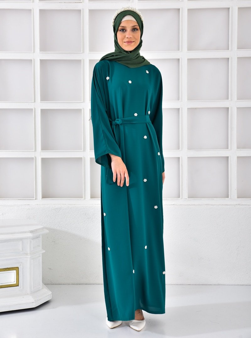 Tuncay Zümrüt Yeşili İnci Aksesuarlı Elbise