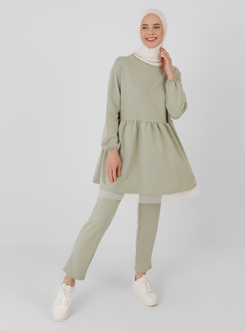 İnşirah Yeşil Doğal Kumaşlı Tunik & Pantolon Takım