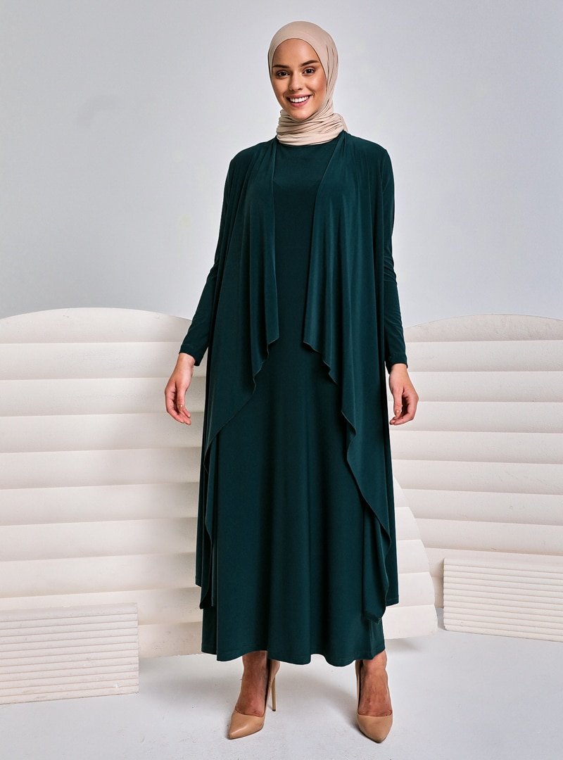 İnşirah Zümrüt Yeşili Elgo Elbise&Kap İkili Takım