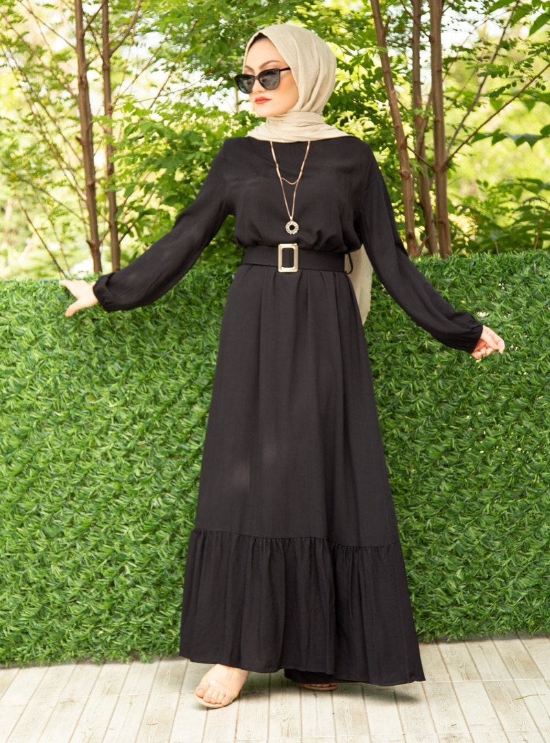 Sevit-Li Siyah Kemer Detaylı Elbise
