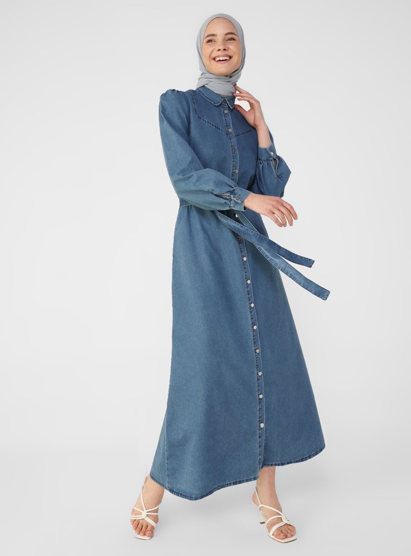 Refka İndigo Boydan Düğmeli Kuşak Detaylı Kot Elbise