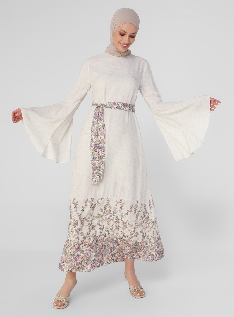 Refka Fuşya Çiçek Doğal Kumaşlı İspanyol Kollu Elbise