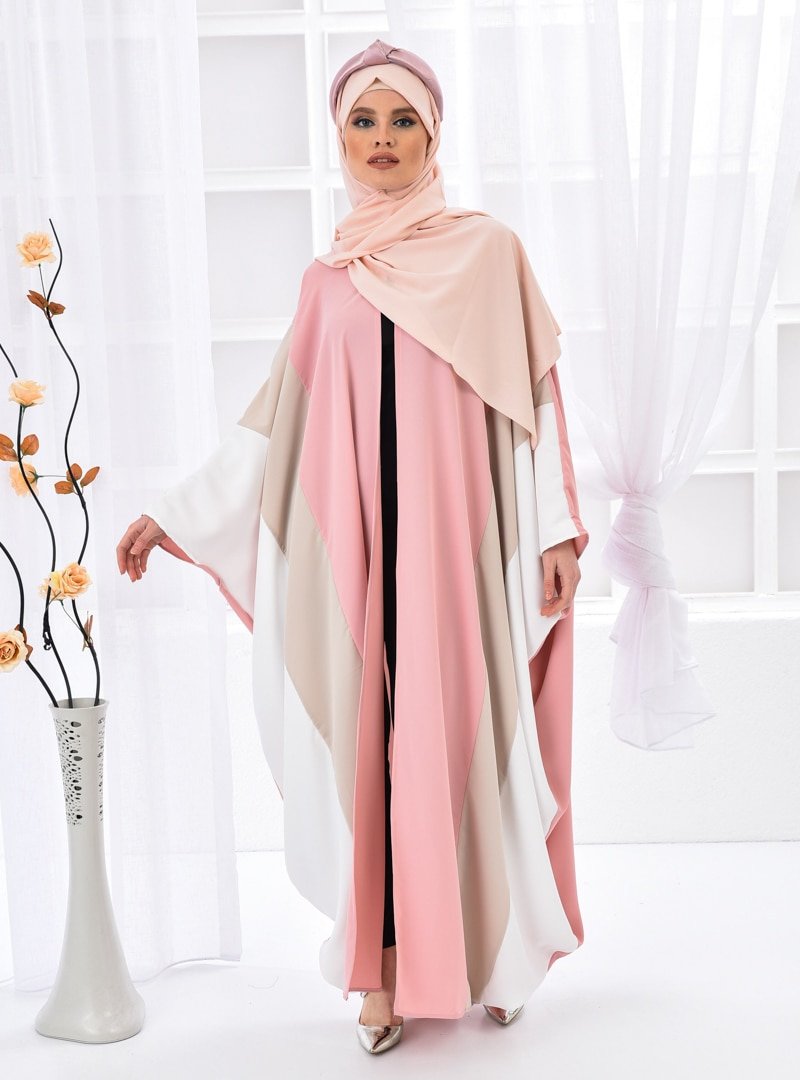 Filizzade Pudra Üç Renkli Önü Açık Ferace Elbise