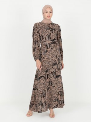 Ziwoman Kahverengi Desenli Elbise