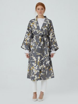 Ceylan Otantik Gri Japon Çiçeği Kimono