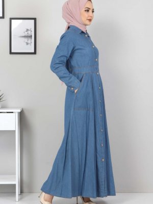 Tesettür Dünyası Açık Mavi Boydan Düğmeli Kot Elbise