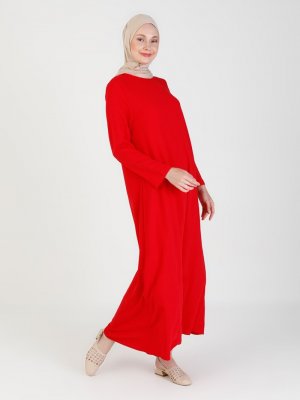 ENSANUR MODA Kırmızı Sade Elbise