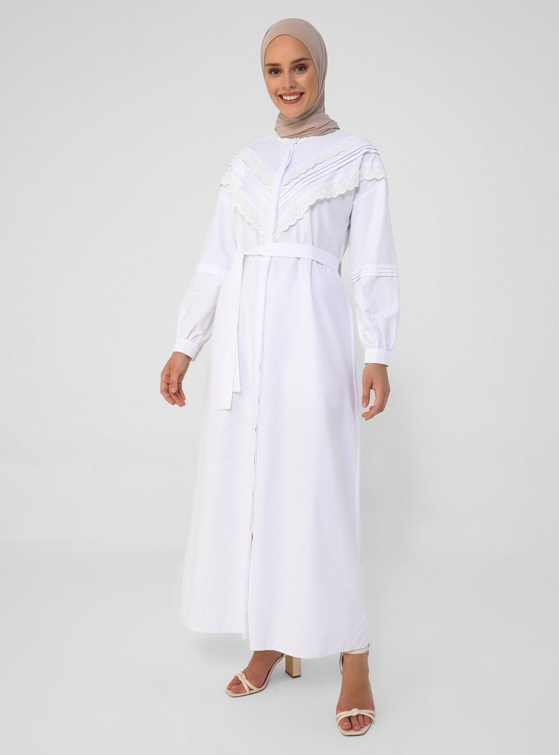 Refka Off White Nakış Detaylı Poplin Gömlek Elbise