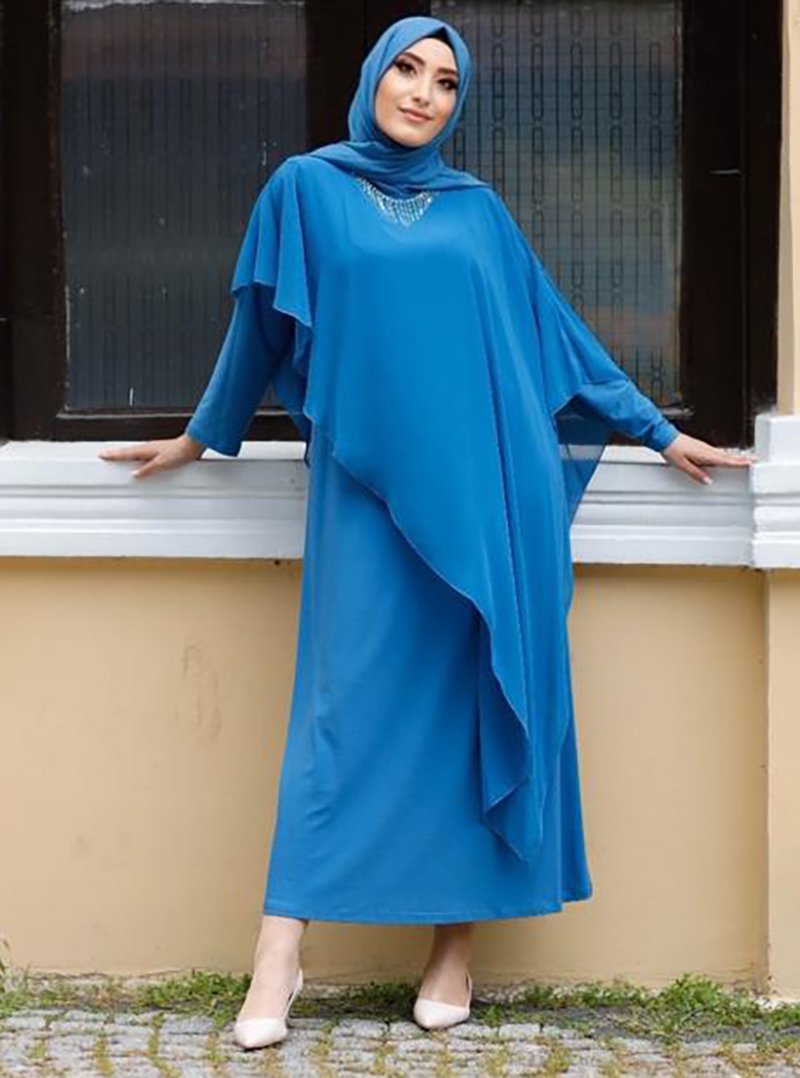 Ebru Çelikkaya Mavi Minel Abiye Elbise