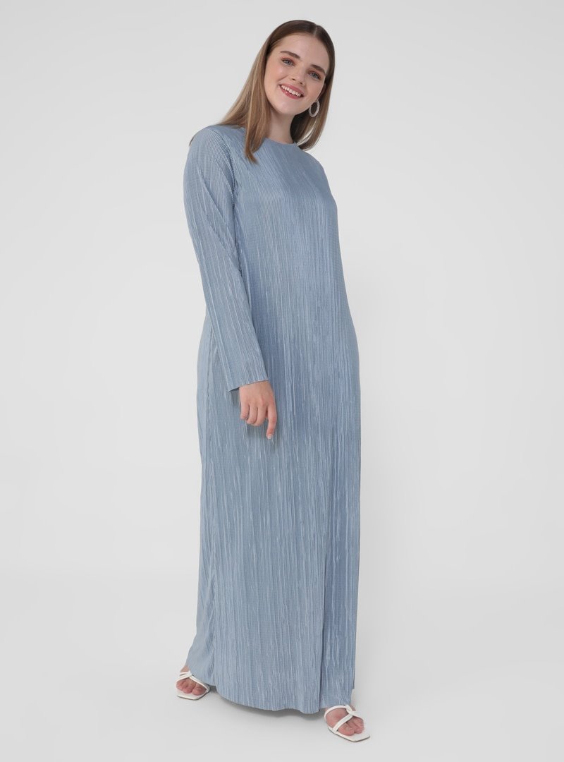 Alia Buzul Mavi Büyük Beden Pileli Elbise
