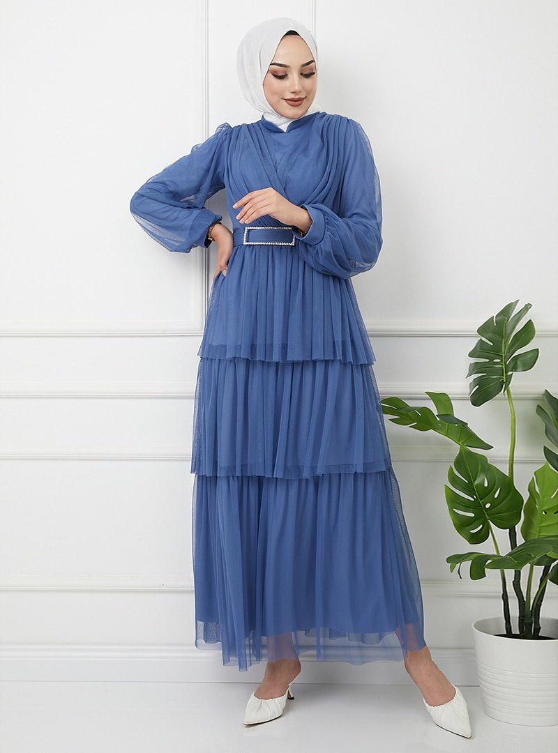 Olcay İndigo Kemeri Taş Detaylı Tüllü Kat Kat Abiye Elbise