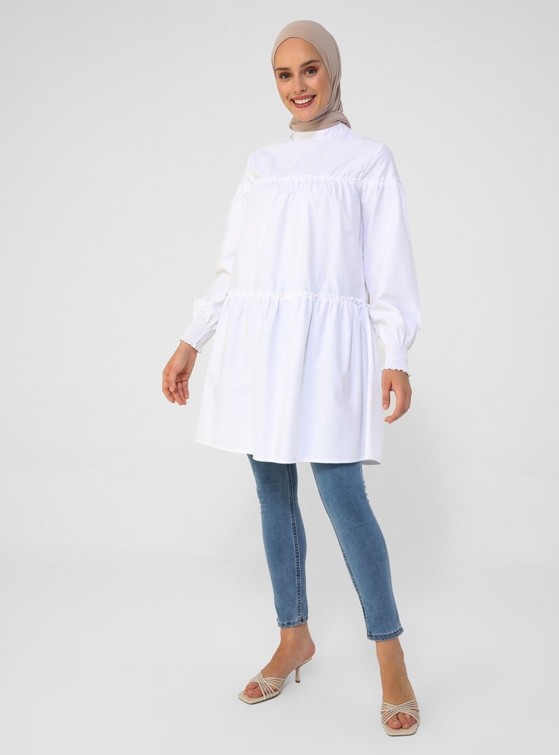 Refka Off White Kol Uçları Gipeli Kat Kat Poplin Tunik