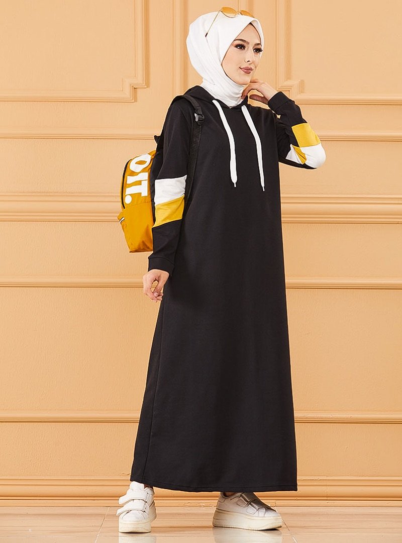 Tofisa Siyah Kapüşonlu Elbise