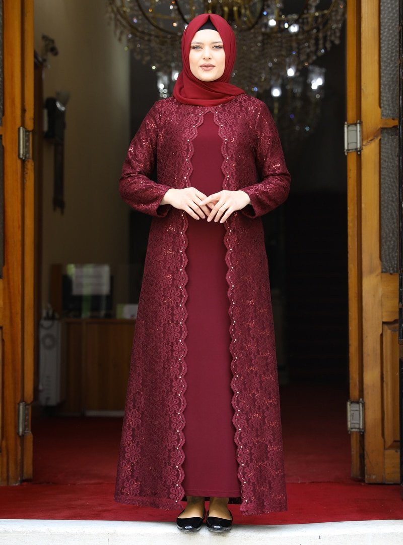 Amine Hüma Bordo Papatya Abiye Elbise