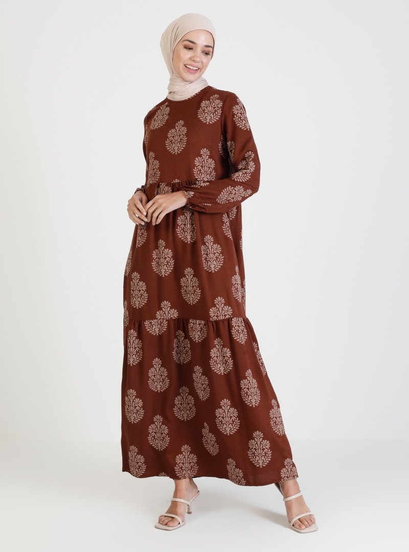 Ginezza Kahverengi Desenli Elbise