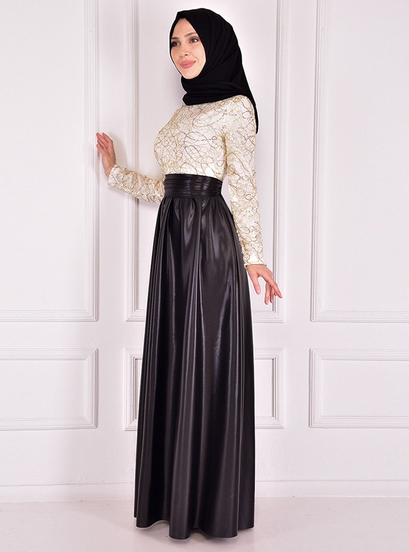 AYŞE MELEK TASARIM Siyah Gold Laseli Elbise