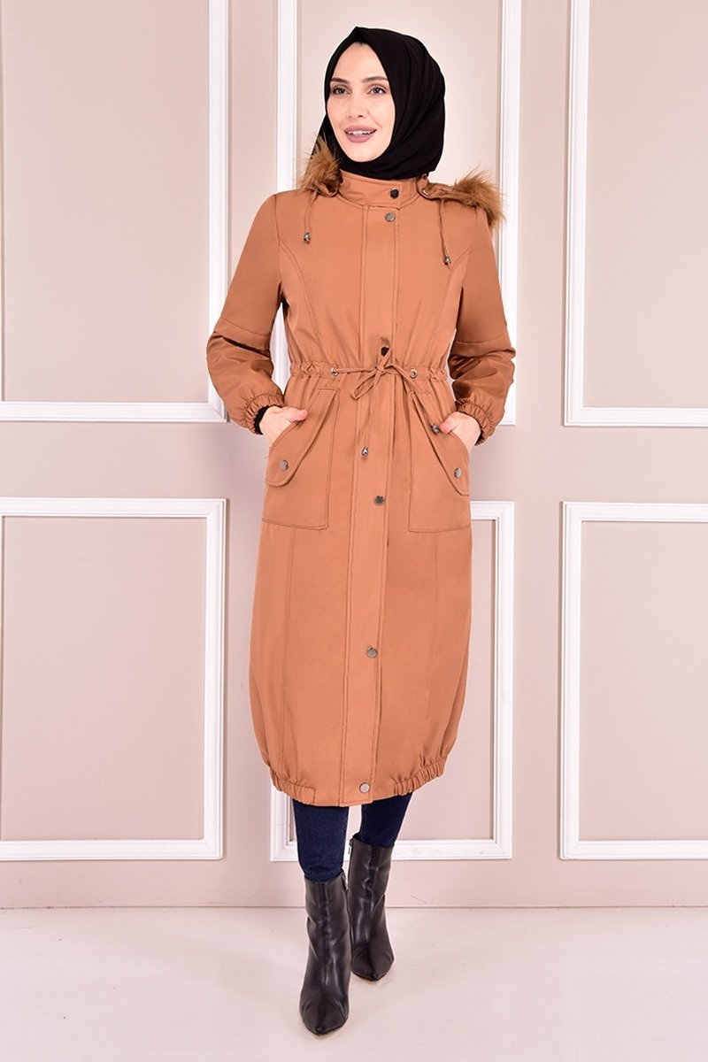 Moda Merve Karamel Kapüşonlu Kaban