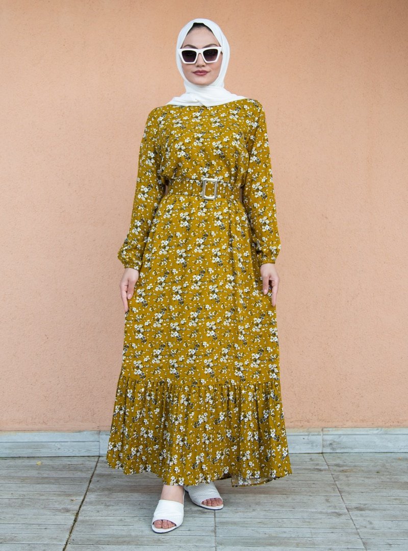 Sevit-Li Hardal Kemer Detaylı Desenli Elbise