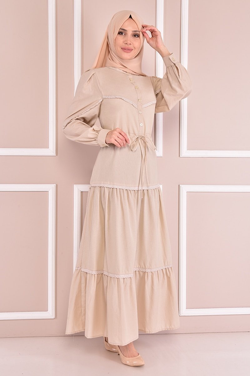Moda Merve Krem Düğmeli Elbise