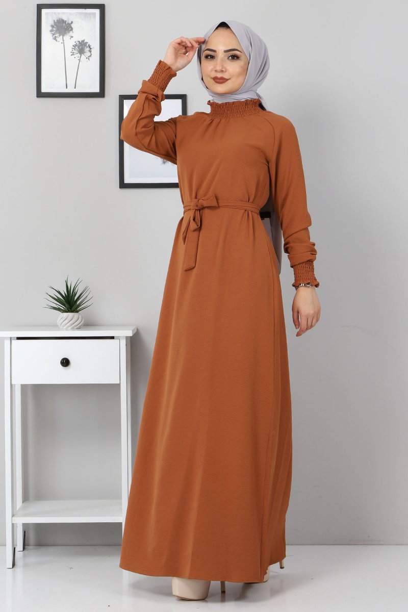 Tesettür Dünyası Taba Yakası Lastikli Elbise