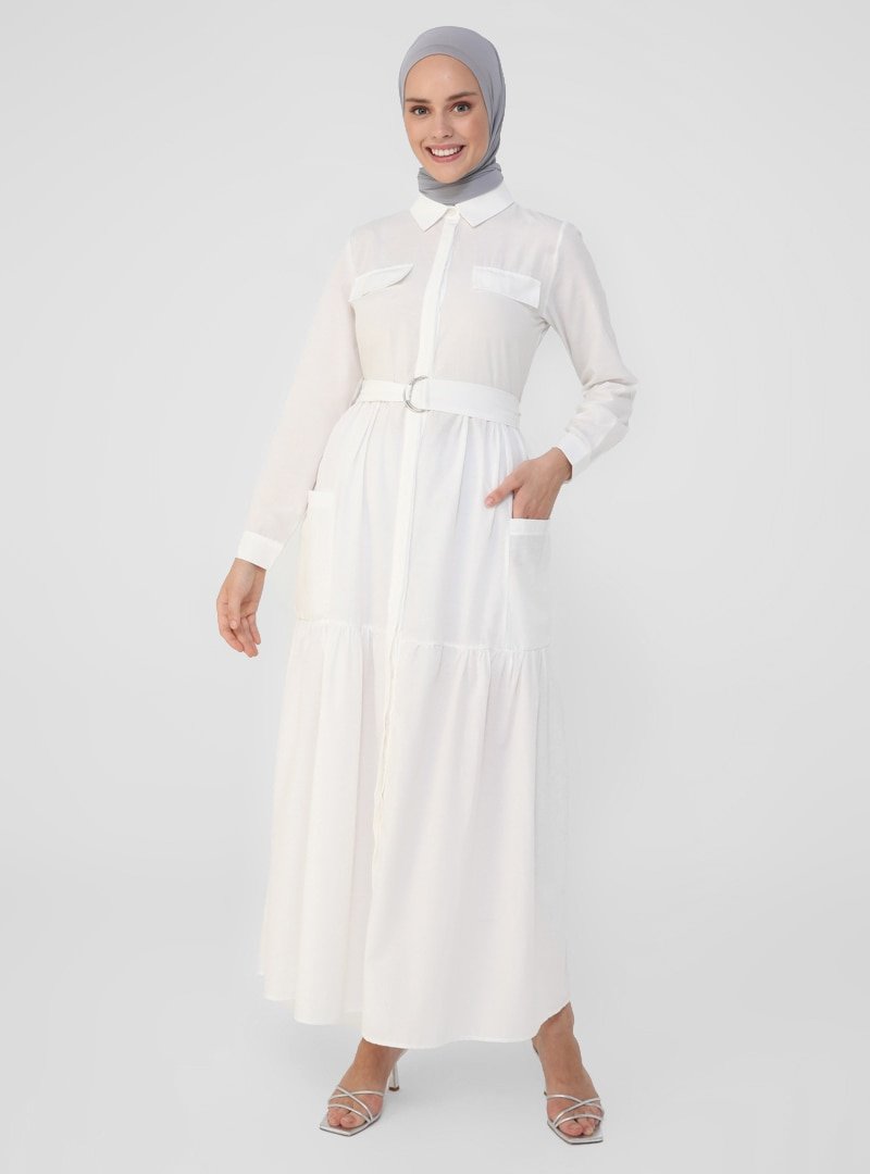 Refka Beyaz D Tokalı Kendi Kumaşından Kemerli Cep Detaylı Elbise