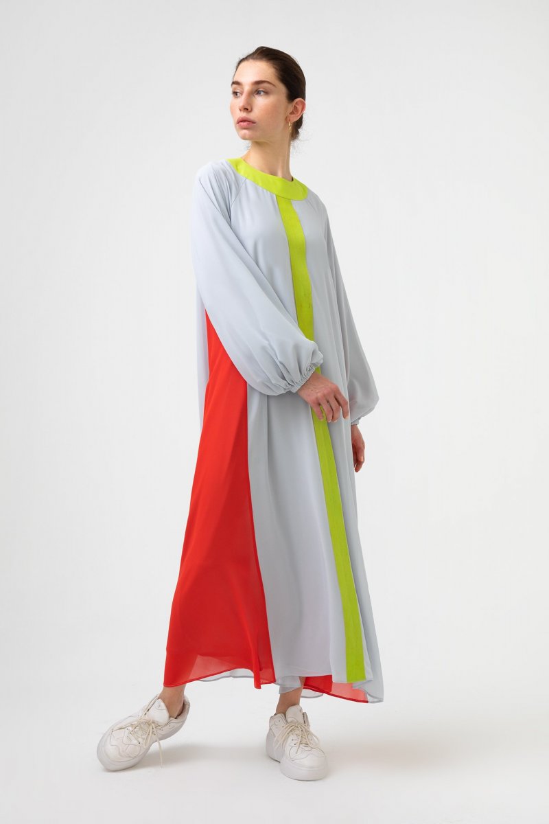 Touche Prive Gri 3 Renkli Şifon Elbise