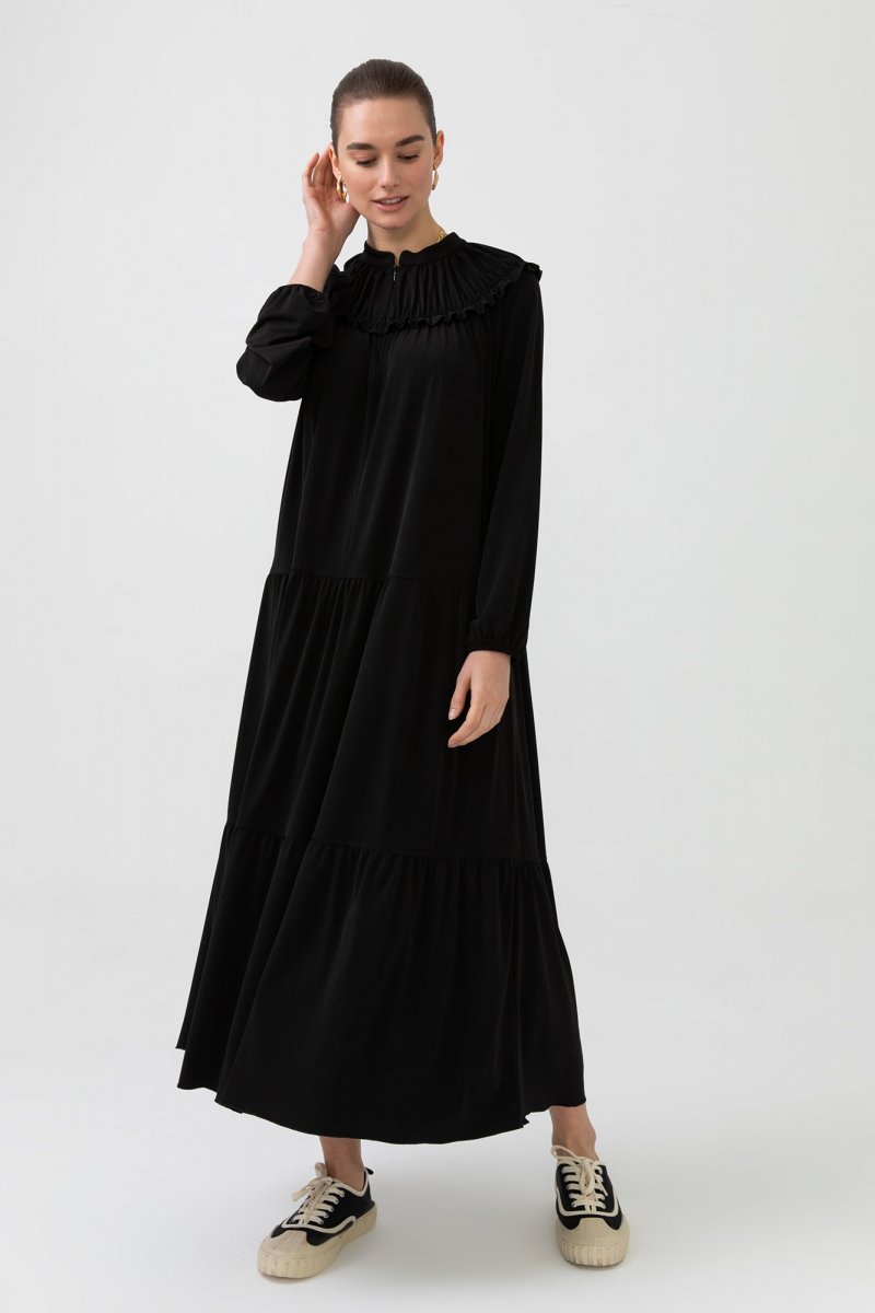 Touche Prive Siyah Büzgülü Örme Elbise