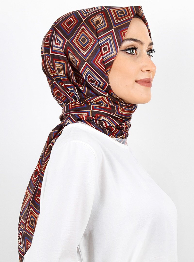 Renkli Butik Eşarp Kahverengi Desenli Pamuk Şal