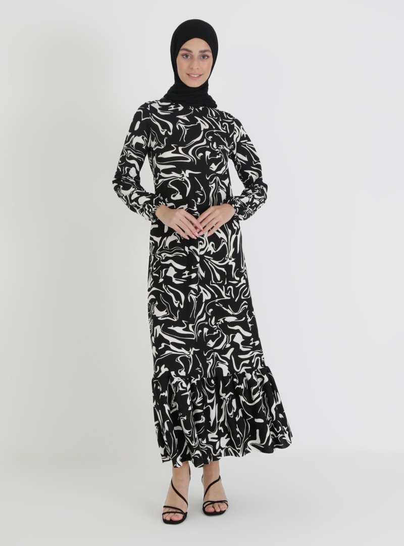 Moda Zenis Siyah Çiçek Desenli Elbise