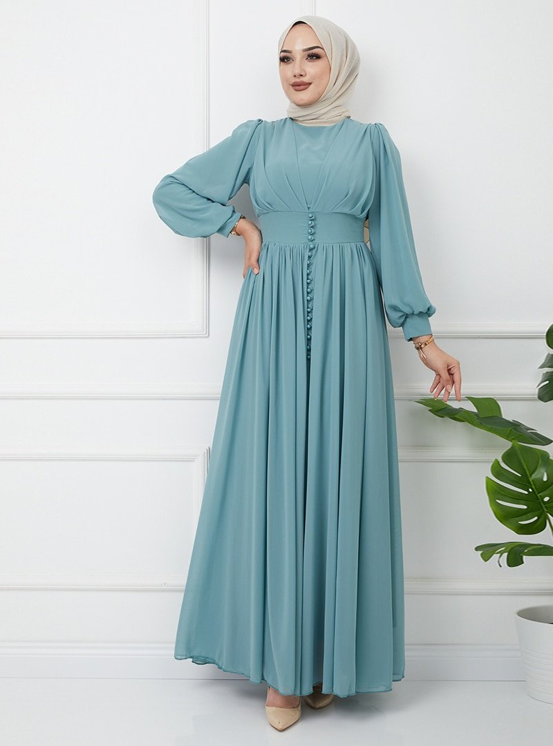 Olcay Mint Düğme Detaylı Abiye Elbise