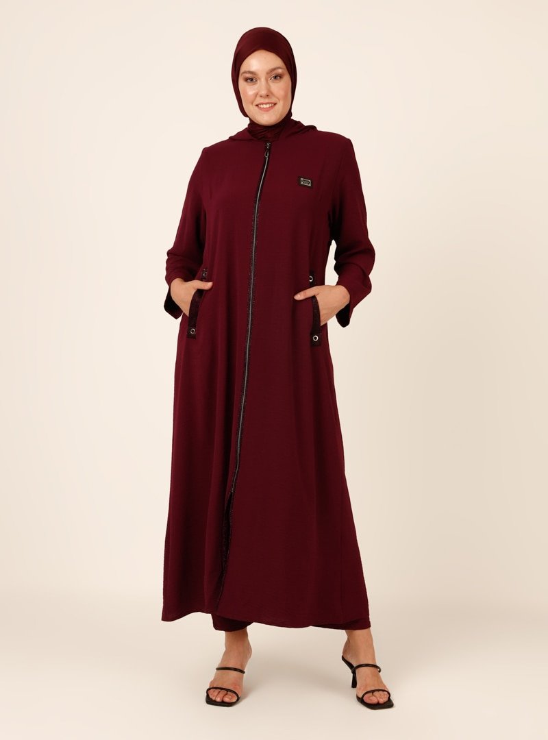 GELİNCE Vişne Boydan Fermuarlı Kapüşonlu Ferace