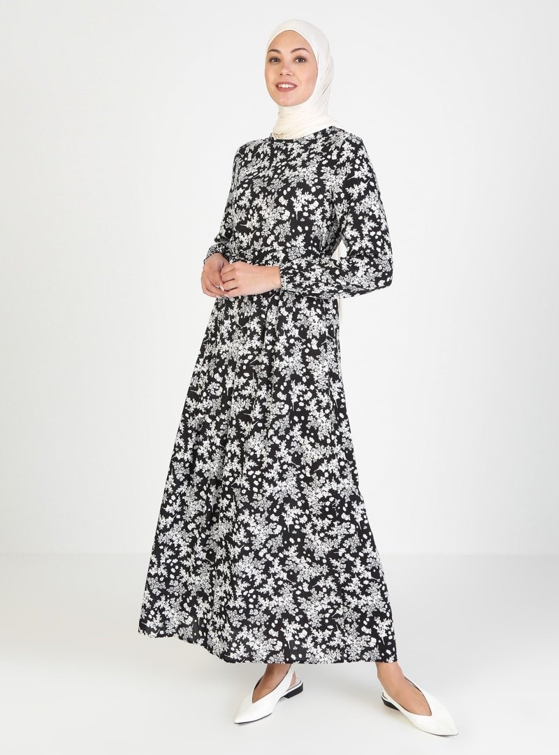 ECESUN Siyah Çiçek Desenli Elbise