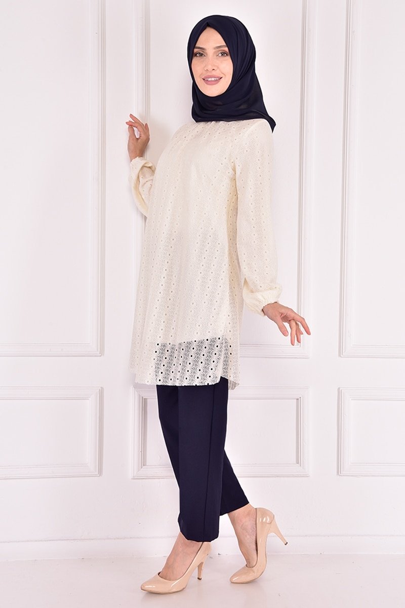 Moda Merve Beyaz Dantelli Kombin