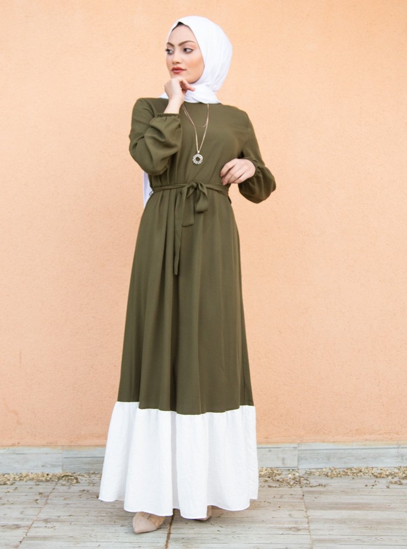 Sevit-Li Haki Kuşaklı Elbise