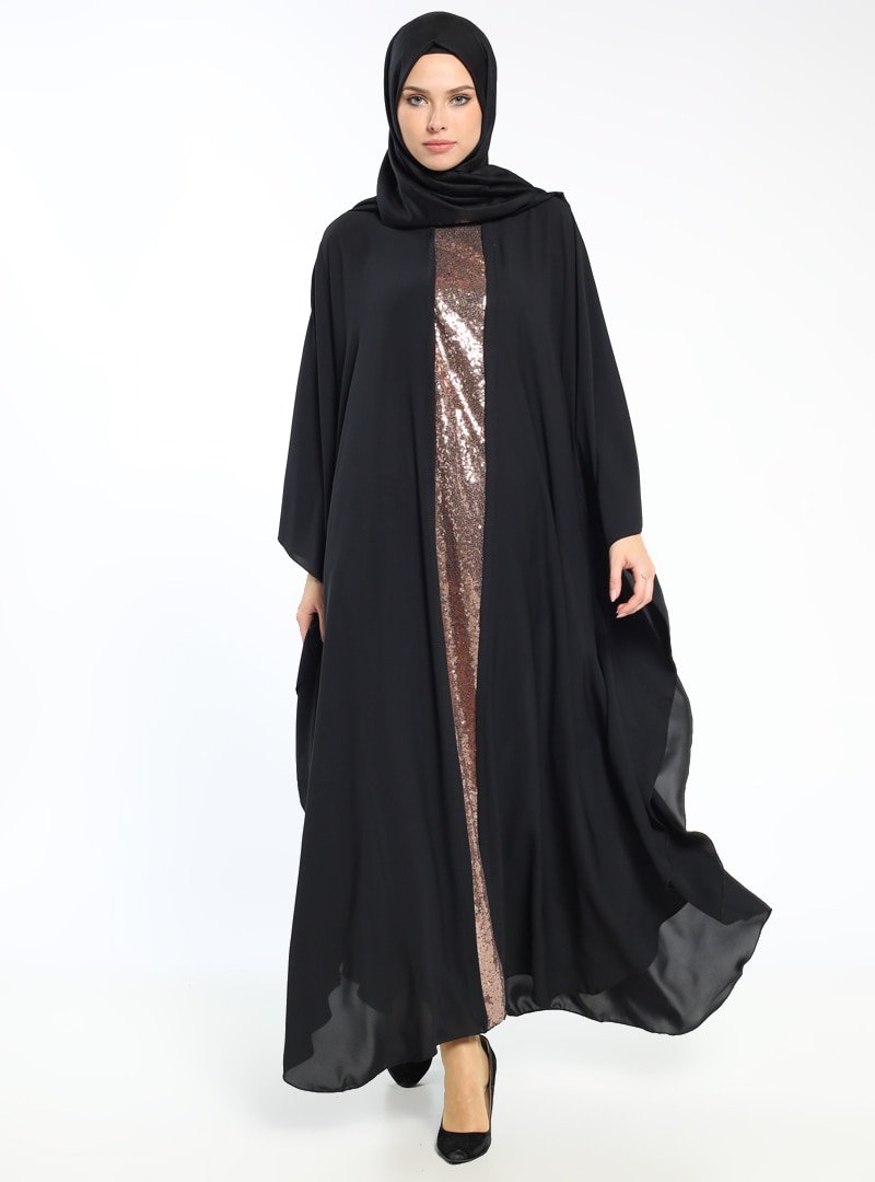 Filizzade Gold Siyah Payetli Abiye Ferace Elbise