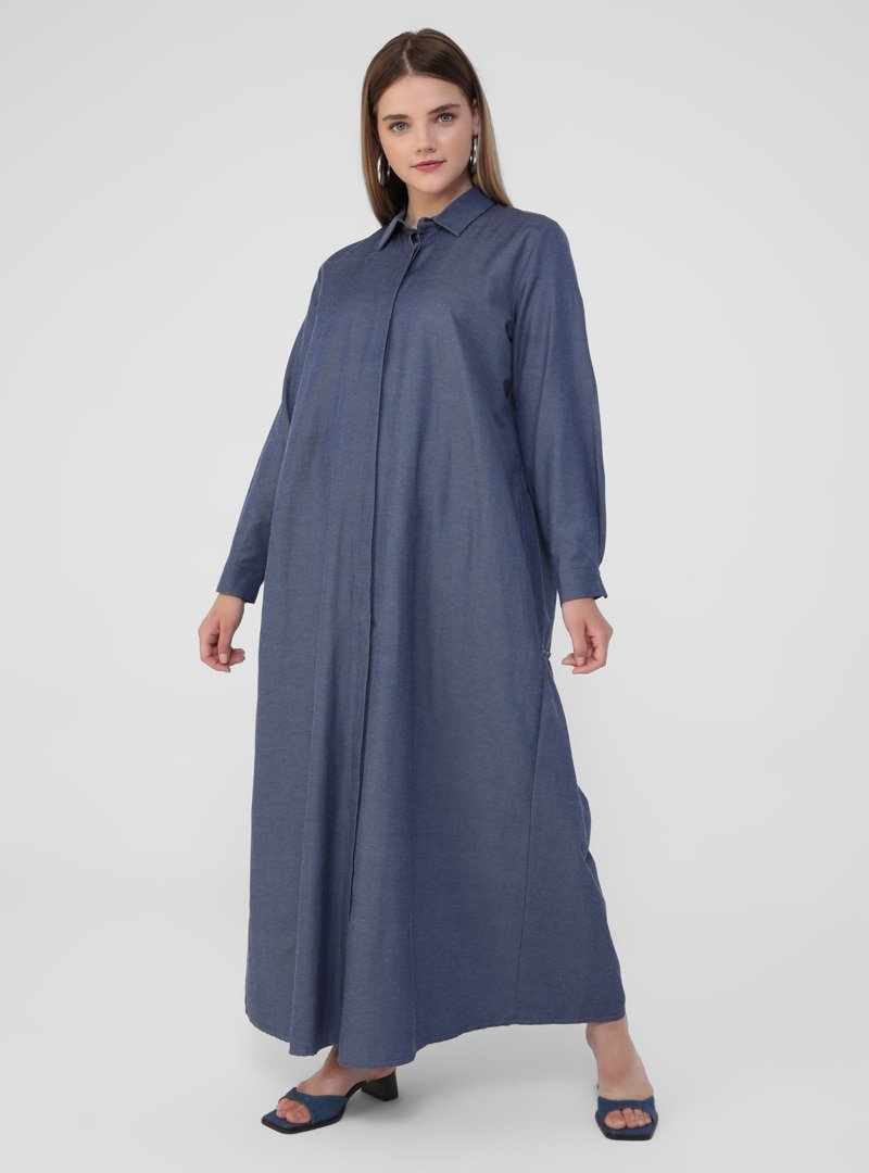 Alia Lacivert Büyük Beden Denim Efektli Arkası Fırfırlı Dokuma Elbise