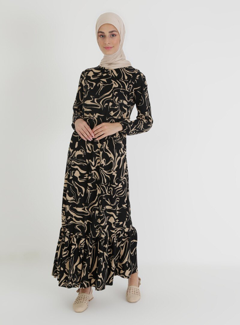 Moda Zenis Siyah Krem Çiçek Desenli Elbise