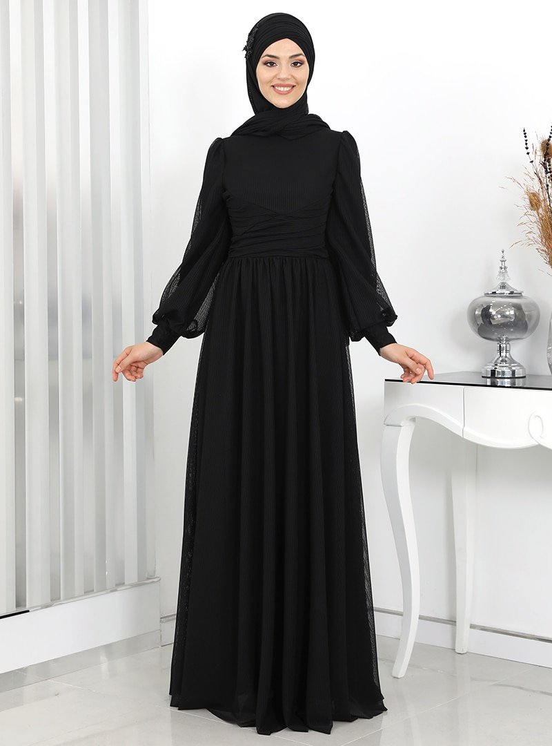 Rana Zenn Siyah Derya Tül Abiye Elbise