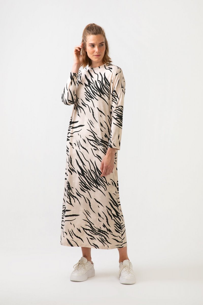 Touche Prive Krem Animal Print Örme Elbise