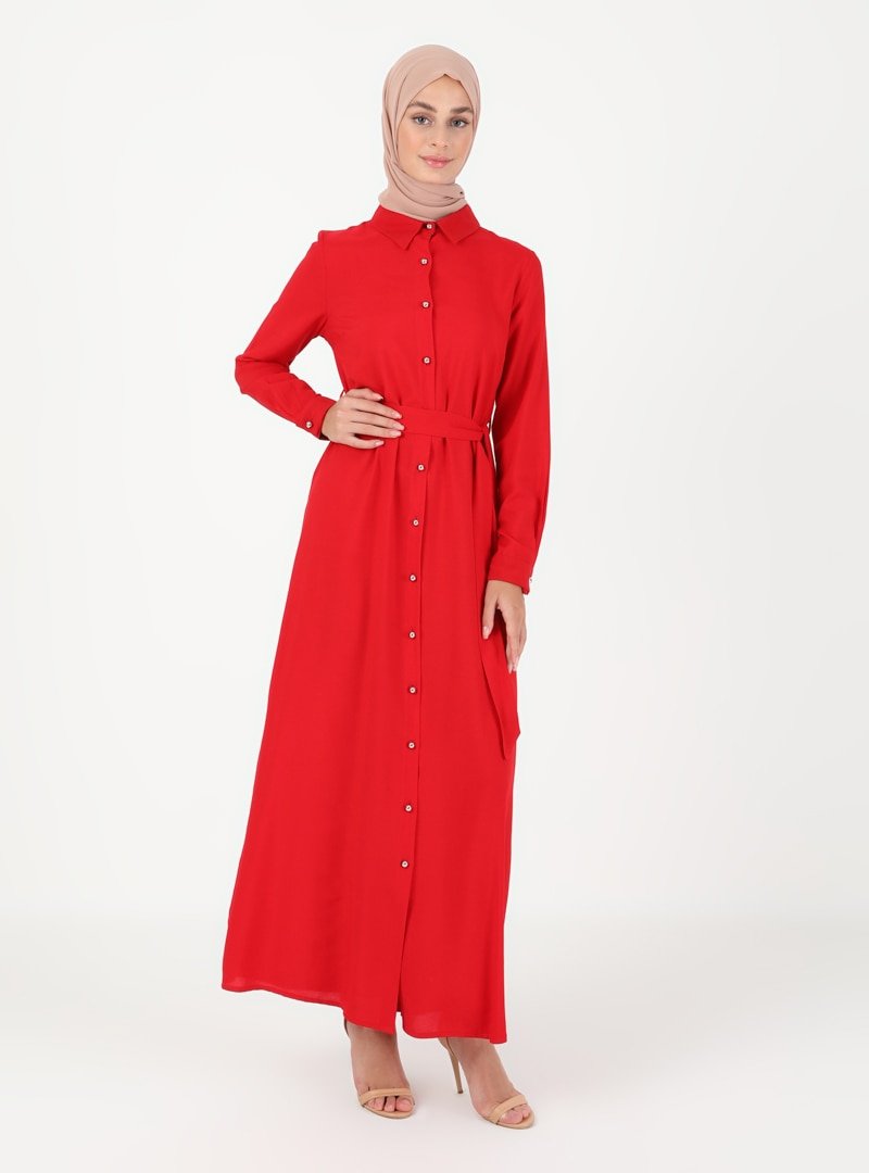 Ziwoman Kırmızı Boydan Düğmeli Elbise