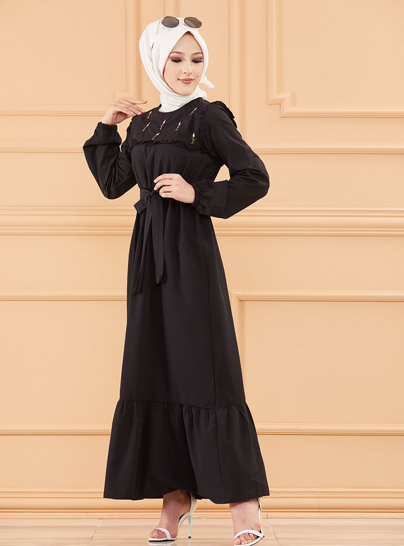 Tofisa Siyah Nakışlı Elbise