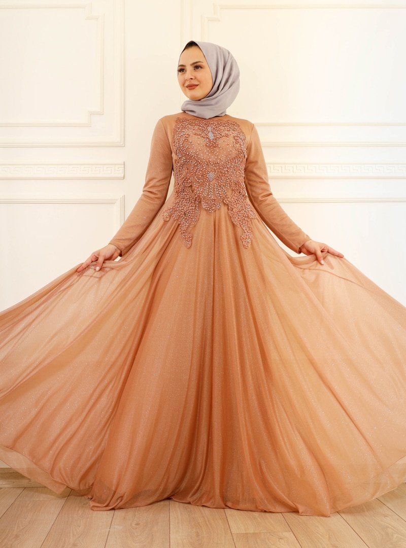 Moda Dua Karamel Şifon Güpürlü Abiye Elbise
