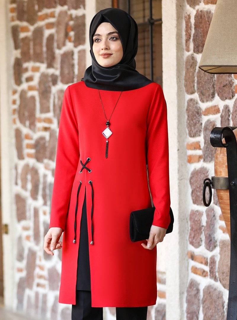 NURZADE MODA Kırmızı Yaren Tunik&Pantolon İkili Takım