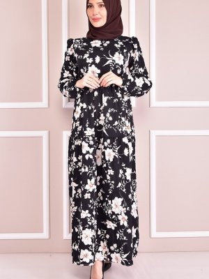 Moda Merve Siyah Çiçek Desenli Elbise