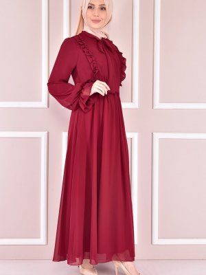 Moda Merve Bordo Fırfırlı Şifon Elbise