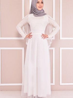 Moda Merve Beyaz Simli Abiye Elbise