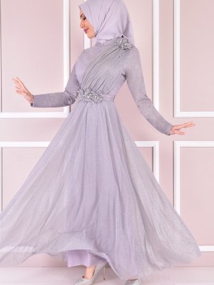 Moda Merve Gri Simli Abiye Elbise